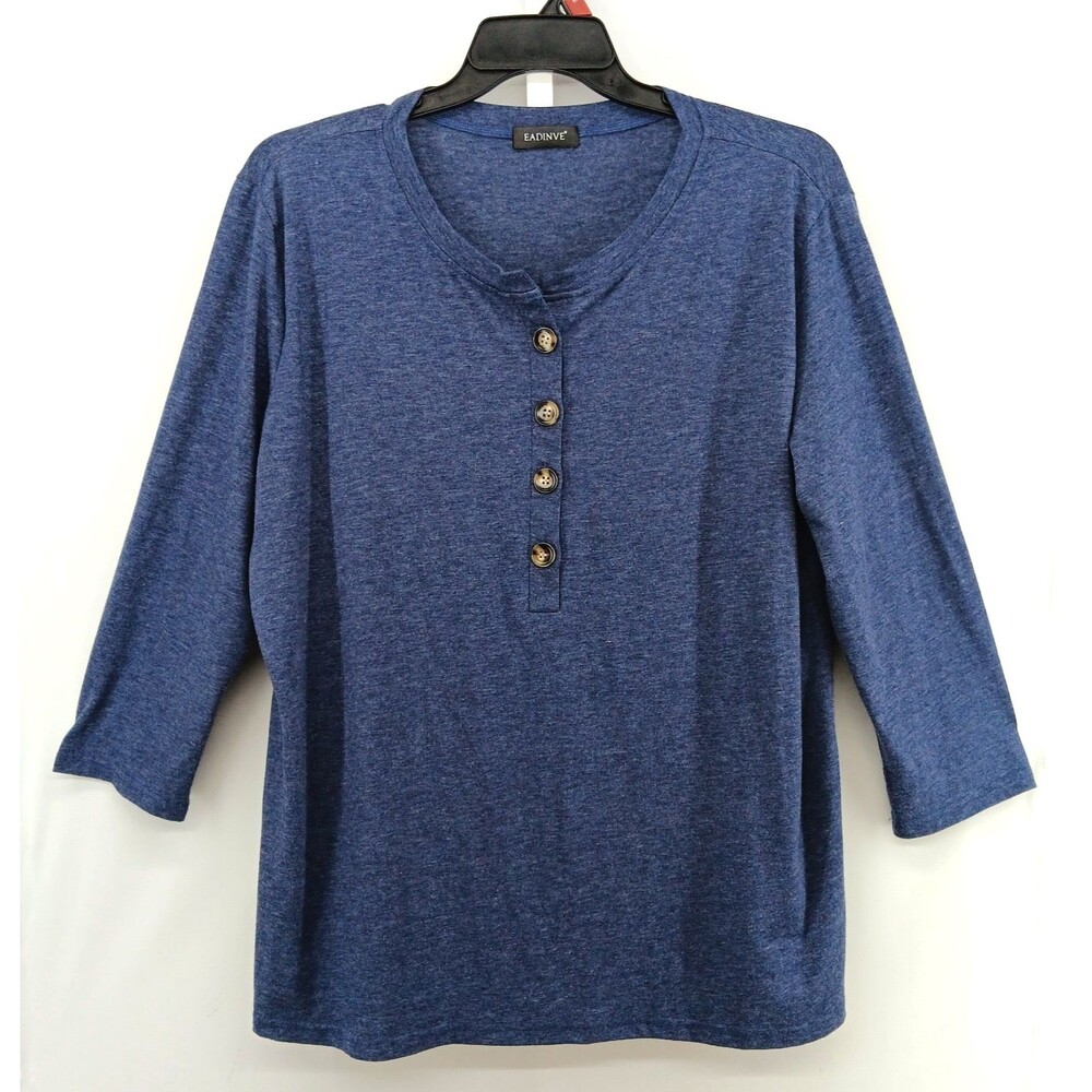 Eadinve Shirt Womens Plus Size 2XL Blue 3/4 Sleeve Henley Casual Pullover Top